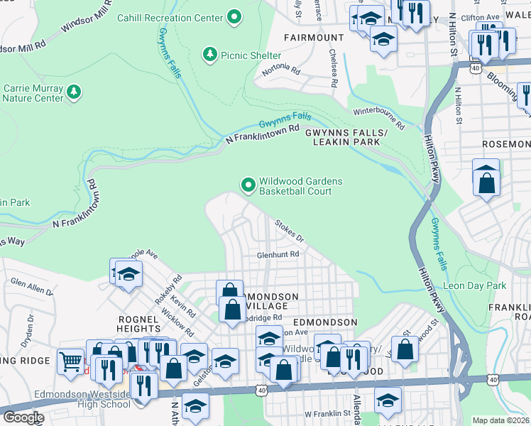 map of restaurants, bars, coffee shops, grocery stores, and more near 4100 Stokes Drive in Baltimore