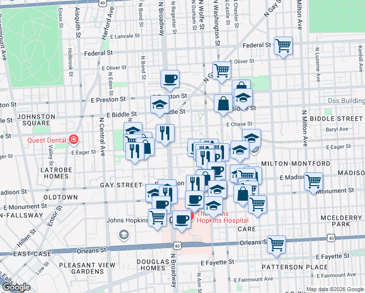 map of restaurants, bars, coffee shops, grocery stores, and more near 1003 McDonogh Street in Baltimore