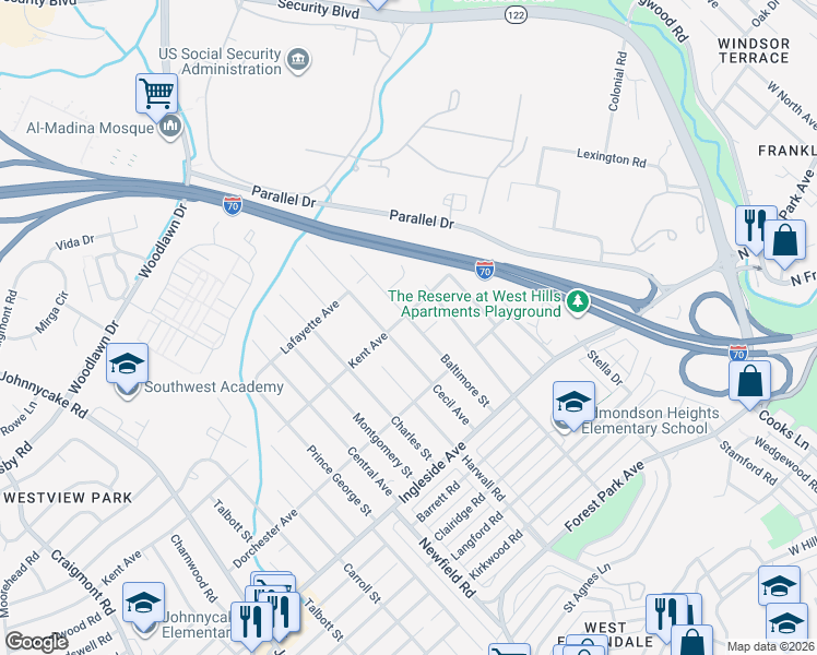 map of restaurants, bars, coffee shops, grocery stores, and more near 5949 Baltimore Street in Woodlawn