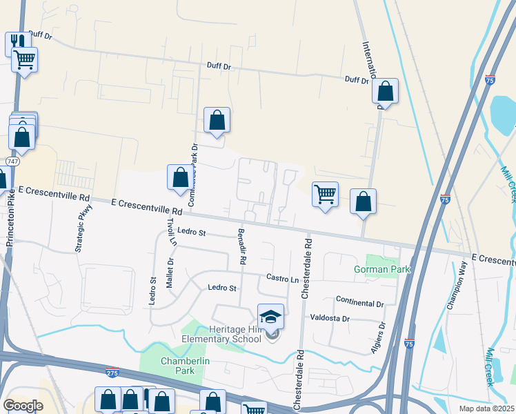 map of restaurants, bars, coffee shops, grocery stores, and more near 988 East Crescentville Road in Cincinnati