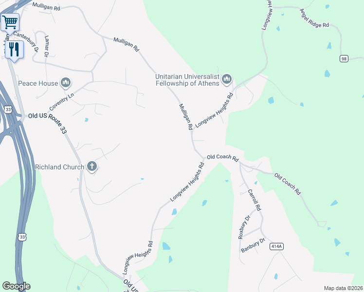 map of restaurants, bars, coffee shops, grocery stores, and more near 130 Longview Heights Road in Athens