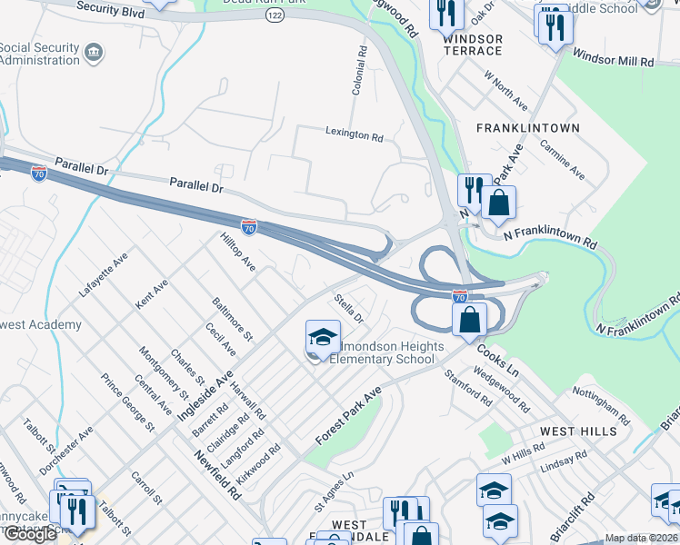map of restaurants, bars, coffee shops, grocery stores, and more near 1546 Ingleside Avenue in Woodlawn