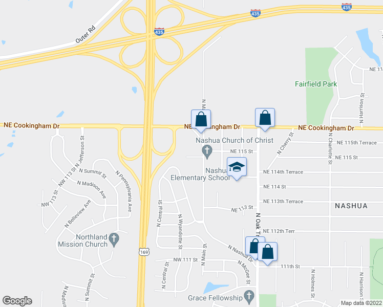 map of restaurants, bars, coffee shops, grocery stores, and more near 14 Northwest 114 Court in Kansas City