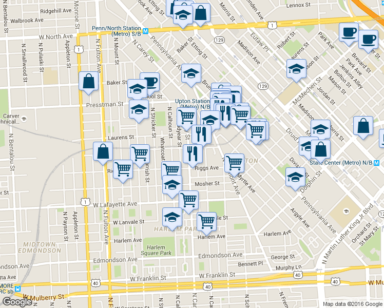 map of restaurants, bars, coffee shops, grocery stores, and more near 1141 North Carey Street in Baltimore