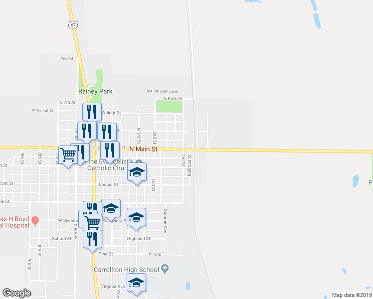 map of restaurants, bars, coffee shops, grocery stores, and more near 96 North Main Street in Carrollton