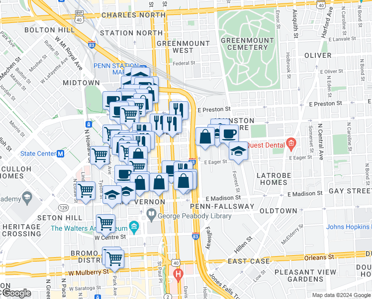 map of restaurants, bars, coffee shops, grocery stores, and more near 101 Independence Avenue Southeast in Washington