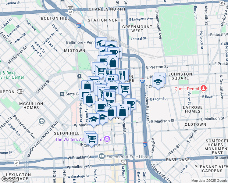 map of restaurants, bars, coffee shops, grocery stores, and more near 1011 North Charles Street in Baltimore