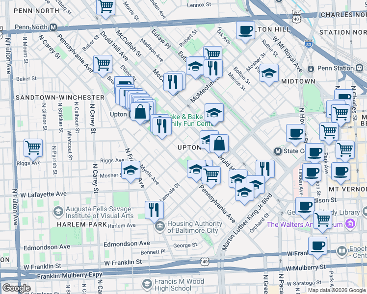 map of restaurants, bars, coffee shops, grocery stores, and more near 1334 Division Street in Baltimore