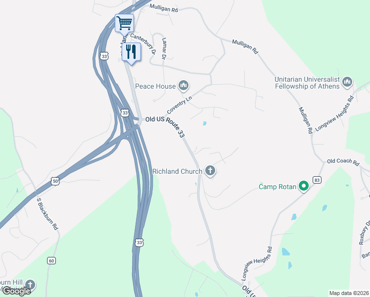 map of restaurants, bars, coffee shops, grocery stores, and more near 41 Pomeroy Road in Athens