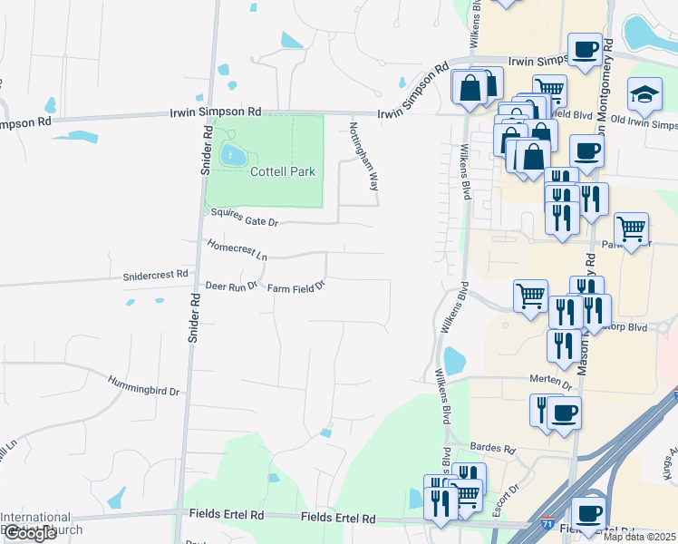 map of restaurants, bars, coffee shops, grocery stores, and more near 5590 Old Farm Drive in Mason