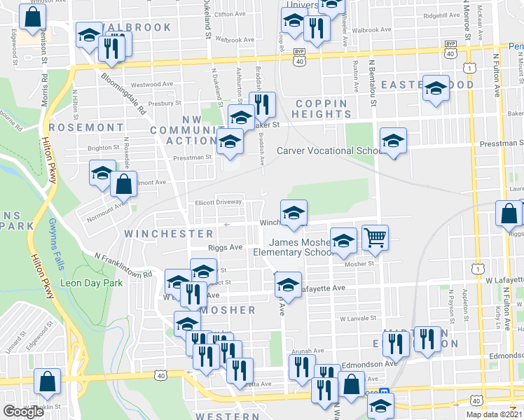 map of restaurants, bars, coffee shops, grocery stores, and more near 1220 Braddish Ave in Baltimore