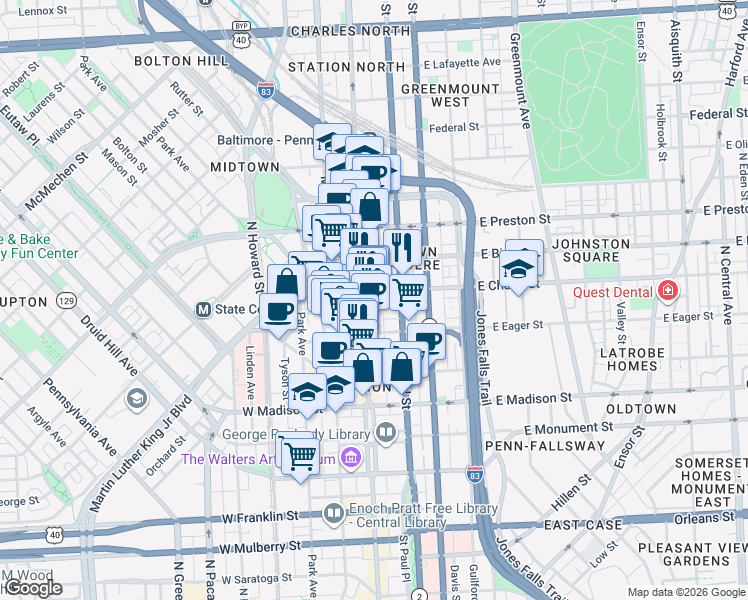 map of restaurants, bars, coffee shops, grocery stores, and more near 1 East Chase Street in Baltimore