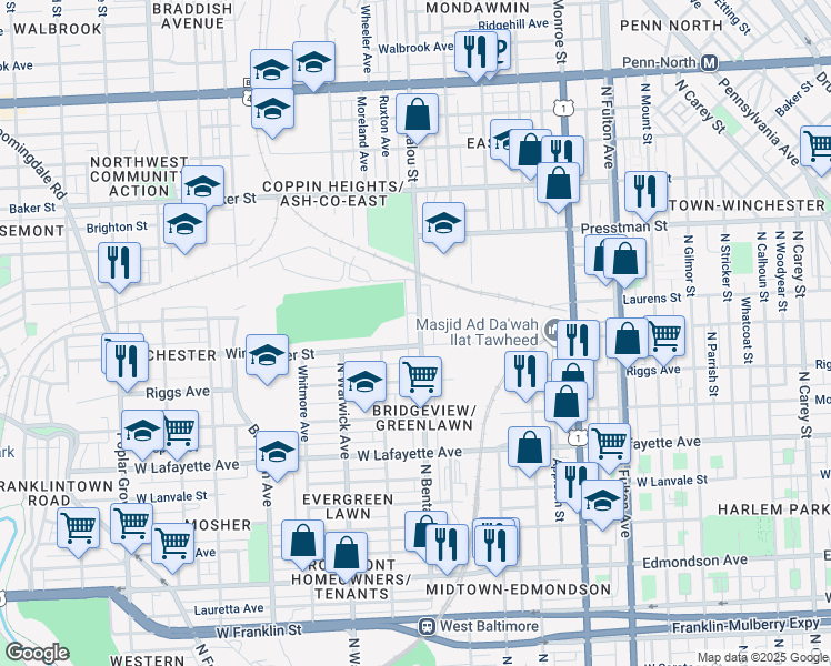 map of restaurants, bars, coffee shops, grocery stores, and more near 1210 North Bentalou Street in Baltimore