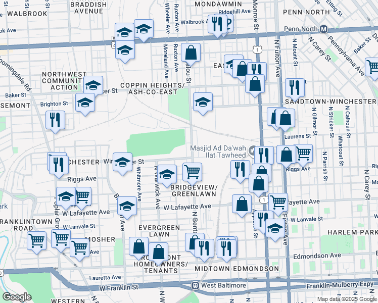 map of restaurants, bars, coffee shops, grocery stores, and more near 1210 North Bentalou Street in Baltimore