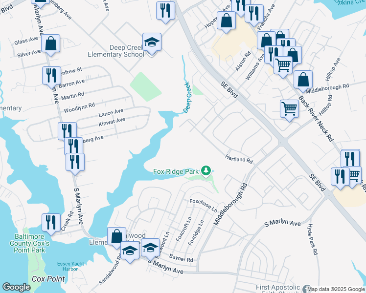 map of restaurants, bars, coffee shops, grocery stores, and more near 1302 Sugarwood Circle in Essex