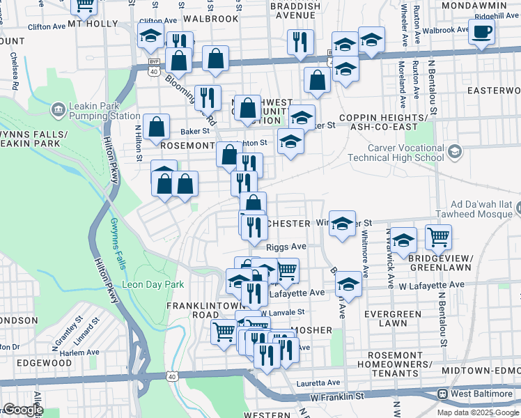 map of restaurants, bars, coffee shops, grocery stores, and more near 1218 Oakhurst Place in Baltimore