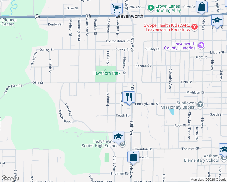 map of restaurants, bars, coffee shops, grocery stores, and more near 1608 Grand Avenue in Leavenworth