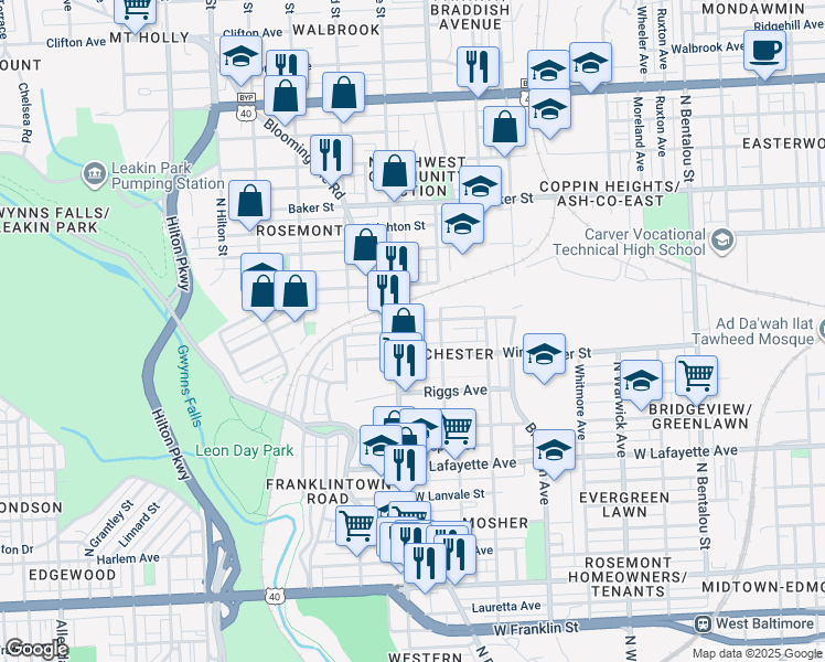 map of restaurants, bars, coffee shops, grocery stores, and more near 1218 Oakhurst Place in Baltimore