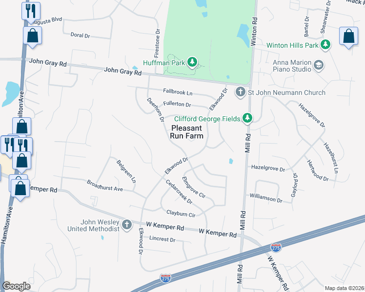 map of restaurants, bars, coffee shops, grocery stores, and more near 11959 Elkwood Drive in Cincinnati