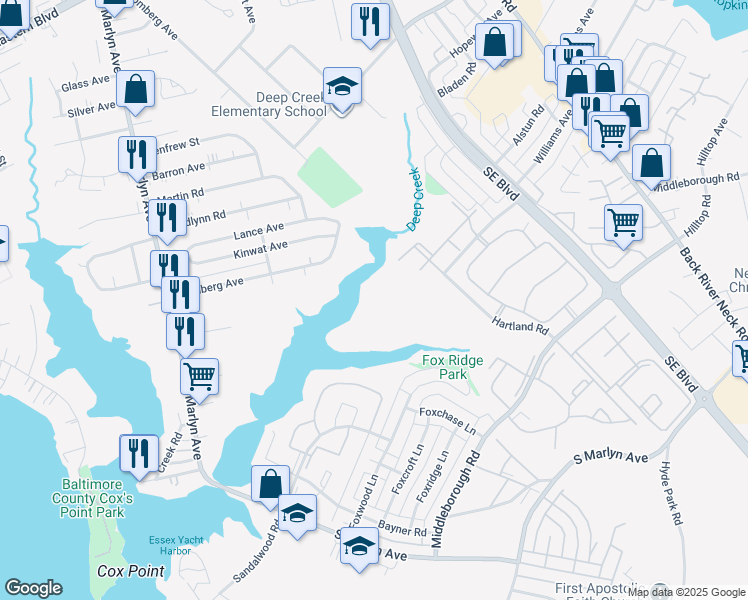 map of restaurants, bars, coffee shops, grocery stores, and more near 8 Cloverwood Court in Essex