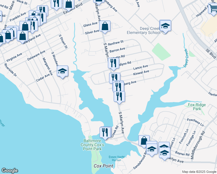 map of restaurants, bars, coffee shops, grocery stores, and more near 8 Quiet Sunset Court in Essex