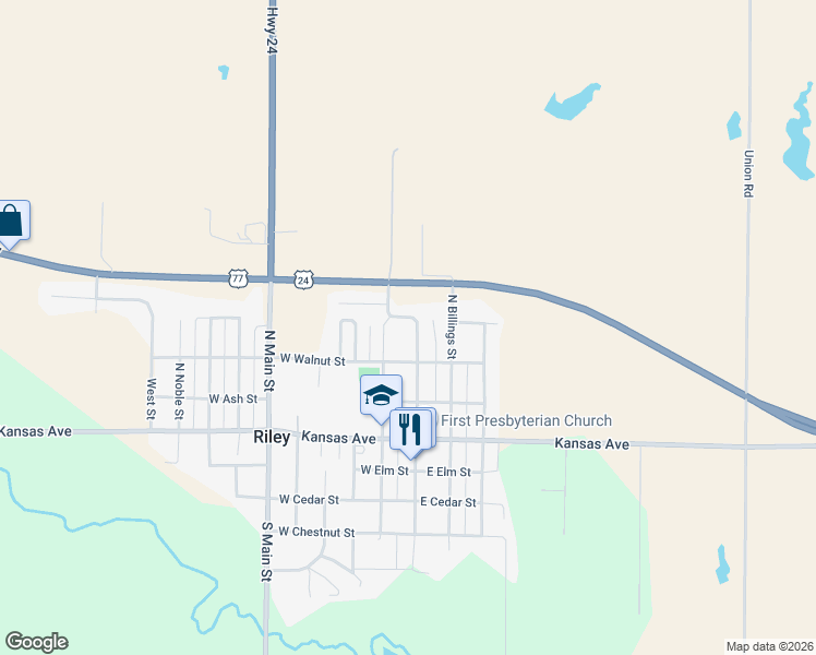 map of restaurants, bars, coffee shops, grocery stores, and more near 327 North Broadway Street in Riley