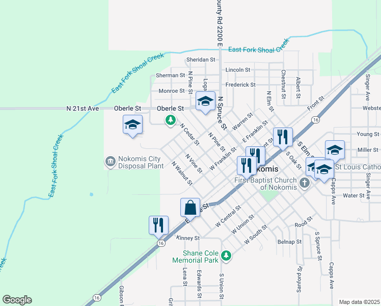 map of restaurants, bars, coffee shops, grocery stores, and more near 222 North Vine Street in Nokomis