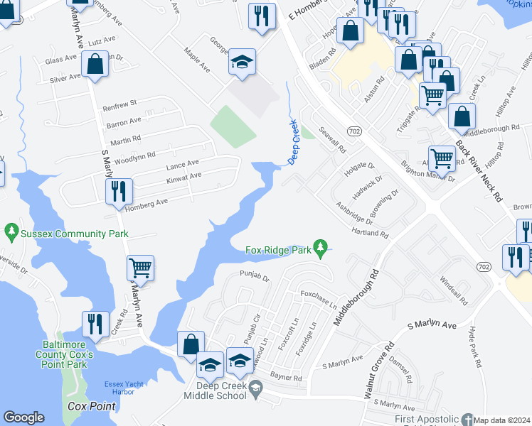 map of restaurants, bars, coffee shops, grocery stores, and more near 8 Cloverwood Court in Essex