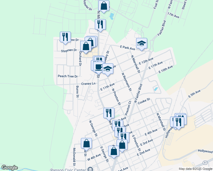 map of restaurants, bars, coffee shops, grocery stores, and more near 117 East 11th Avenue in Ranson