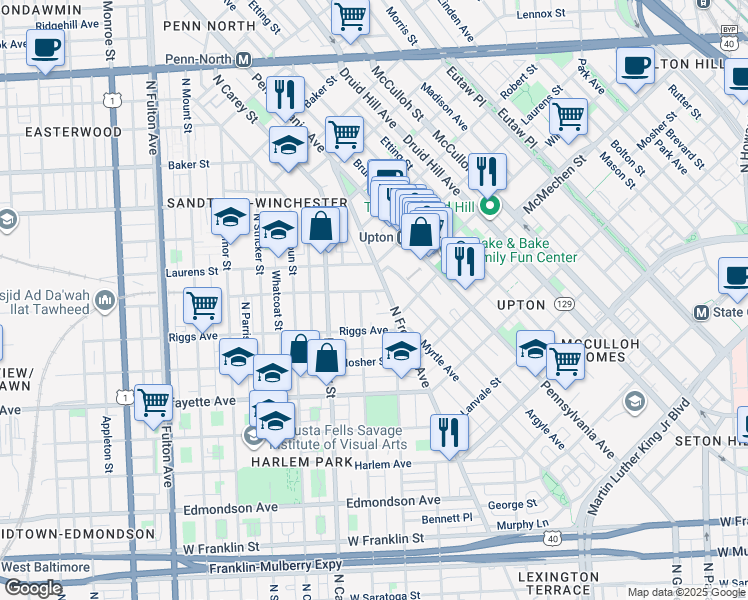map of restaurants, bars, coffee shops, grocery stores, and more near 1110 North Carlton Street in Baltimore