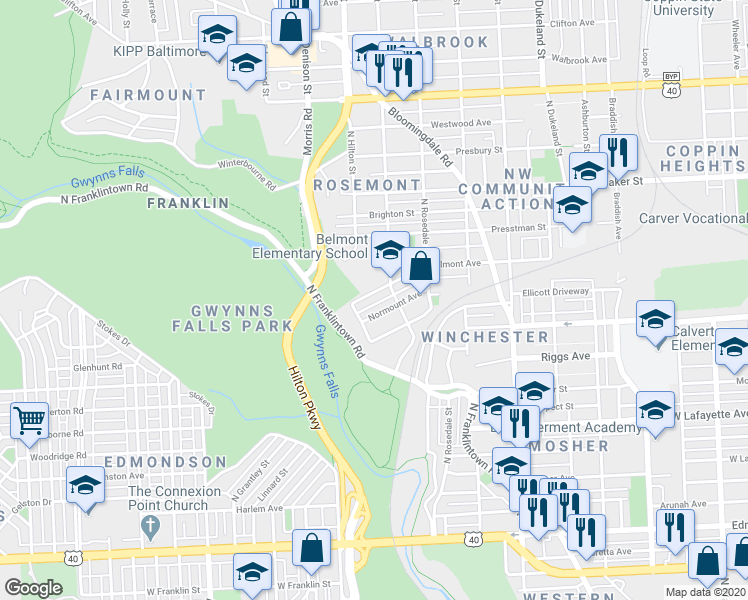 map of restaurants, bars, coffee shops, grocery stores, and more near 3221 Belmont Avenue in Baltimore