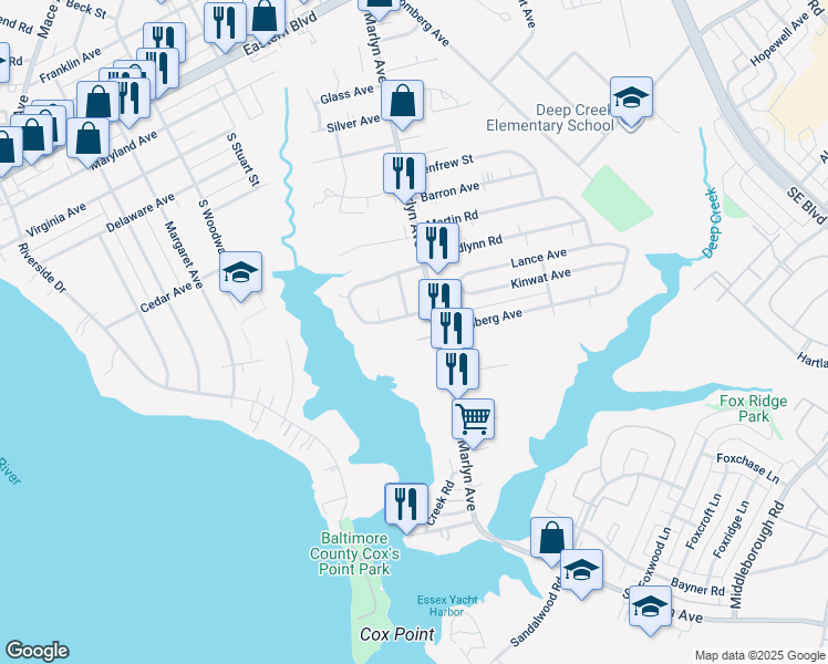 map of restaurants, bars, coffee shops, grocery stores, and more near 8 Quiet Sunset Court in Essex