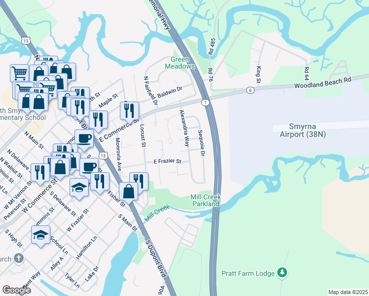 map of restaurants, bars, coffee shops, grocery stores, and more near 708 Birch Tree Lane in Smyrna