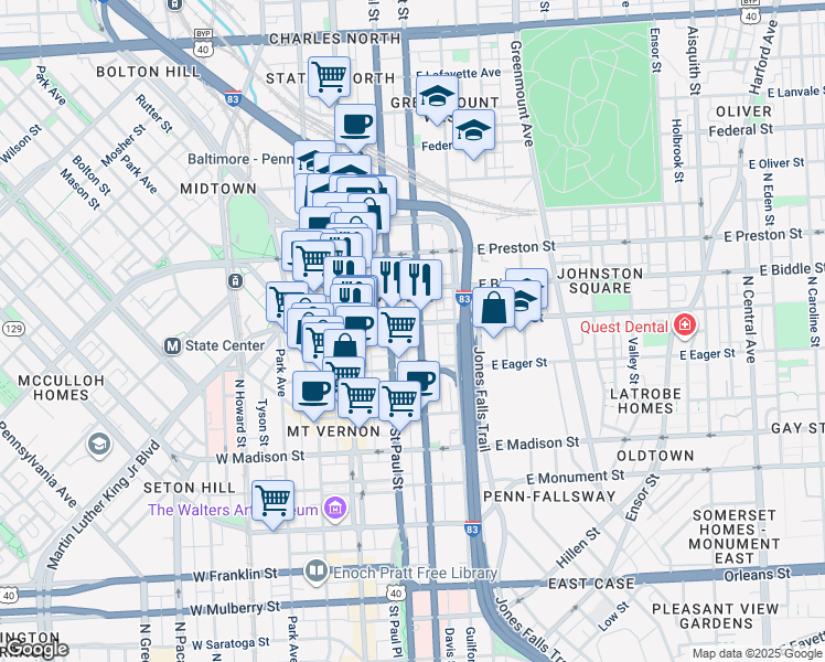 map of restaurants, bars, coffee shops, grocery stores, and more near 1040 North Calvert Street in Baltimore