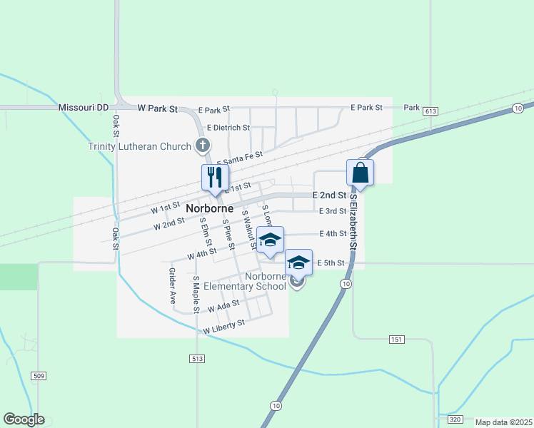 map of restaurants, bars, coffee shops, grocery stores, and more near 301 South Long Street in Norborne
