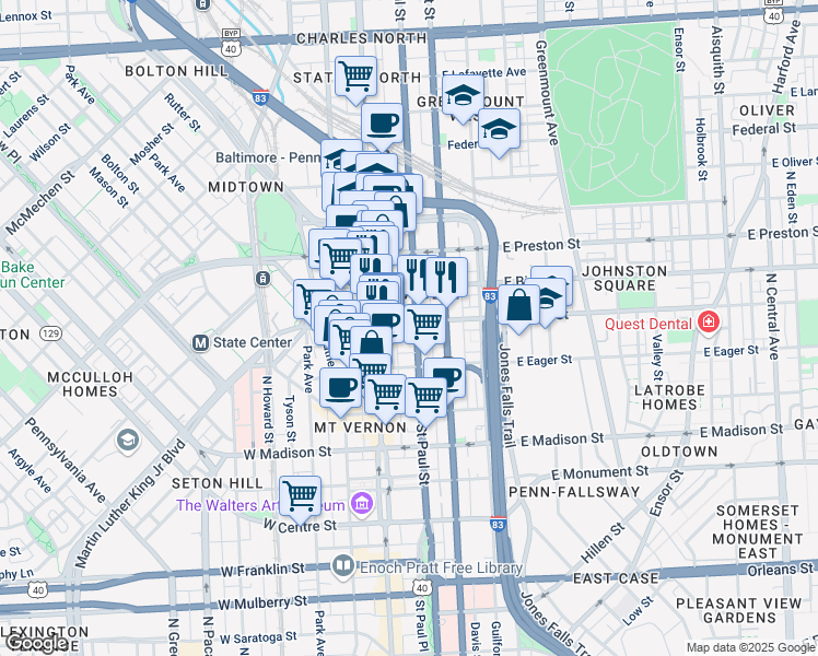 map of restaurants, bars, coffee shops, grocery stores, and more near 101 Independence Avenue Southeast in Washington