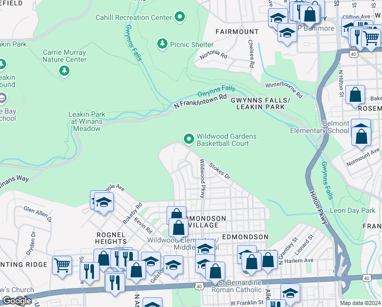 map of restaurants, bars, coffee shops, grocery stores, and more near 4107 Stokes Drive in Baltimore