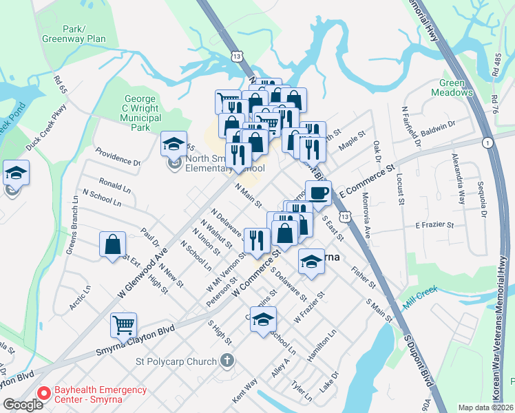 map of restaurants, bars, coffee shops, grocery stores, and more near 210 North Main Street in Smyrna