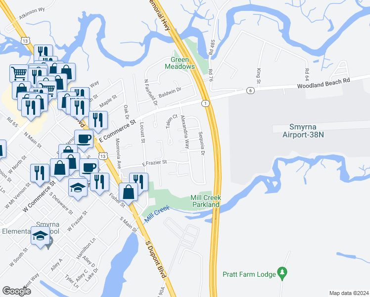 map of restaurants, bars, coffee shops, grocery stores, and more near 390 Addison Road in Smyrna