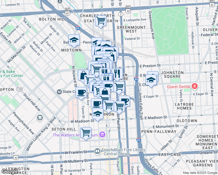 map of restaurants, bars, coffee shops, grocery stores, and more near 1 East Chase Street in Baltimore