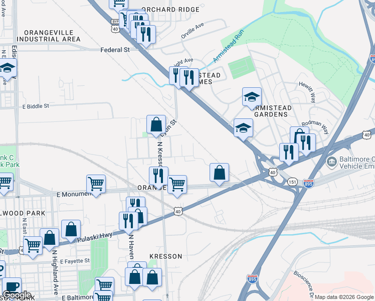 map of restaurants, bars, coffee shops, grocery stores, and more near 4600 Ashland Avenue in Baltimore