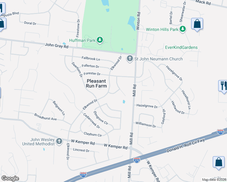 map of restaurants, bars, coffee shops, grocery stores, and more near 12068 Elkwood Drive in Cincinnati