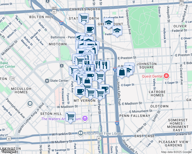 map of restaurants, bars, coffee shops, grocery stores, and more near 11 East Chase Street in Baltimore
