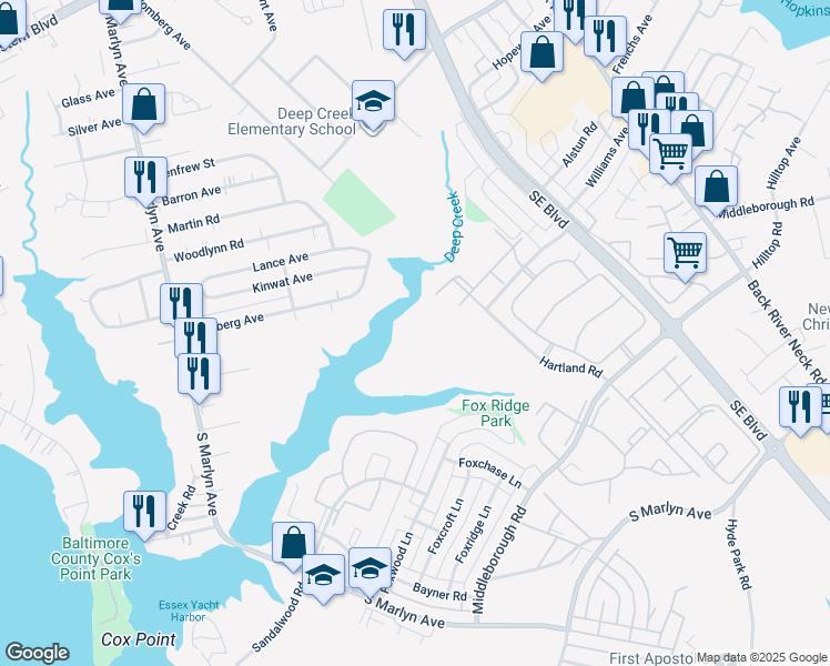 map of restaurants, bars, coffee shops, grocery stores, and more near 2 Cloverwood Court in Baltimore