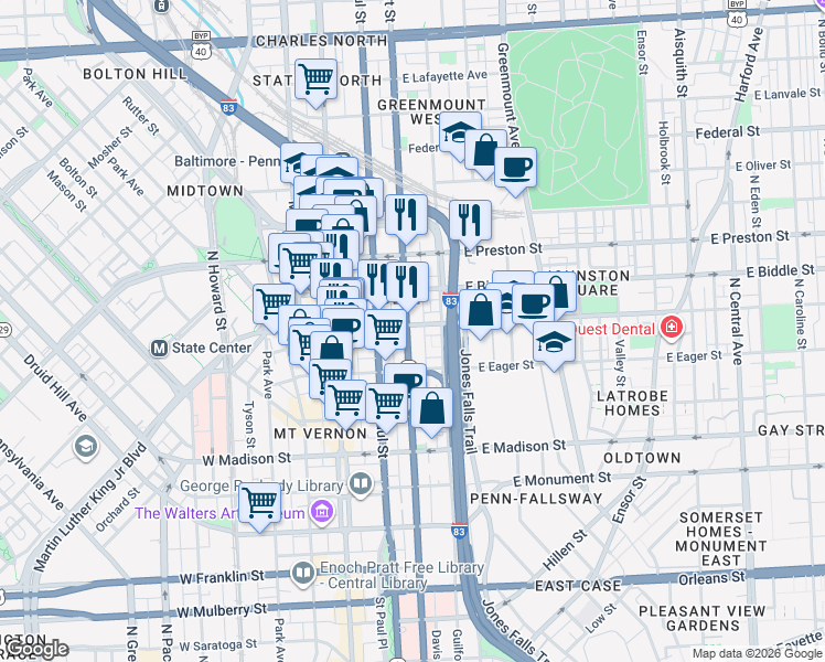map of restaurants, bars, coffee shops, grocery stores, and more near 1039 North Calvert Street in Baltimore