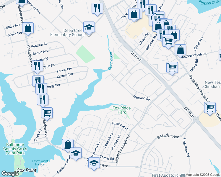 map of restaurants, bars, coffee shops, grocery stores, and more near 1300 Sugarwood Circle in Essex