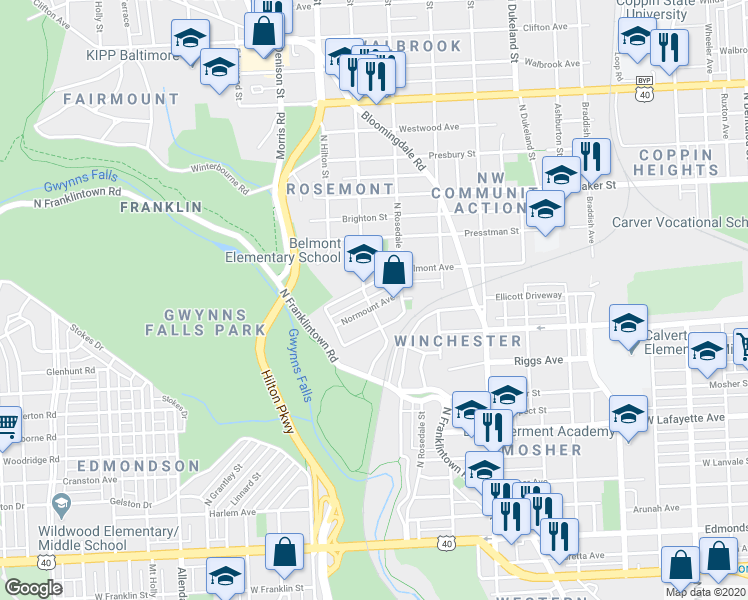 map of restaurants, bars, coffee shops, grocery stores, and more near 3134 Normount Avenue in Baltimore