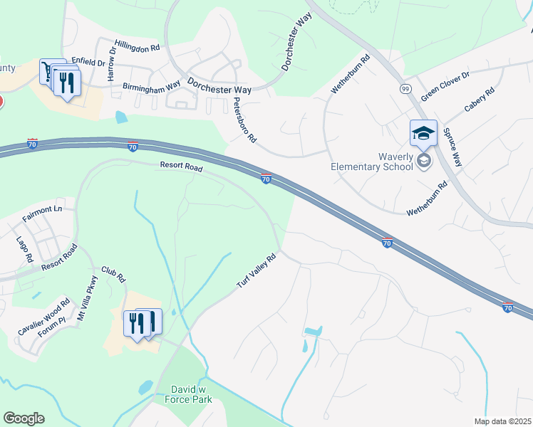 map of restaurants, bars, coffee shops, grocery stores, and more near Resort Road in Ellicott City