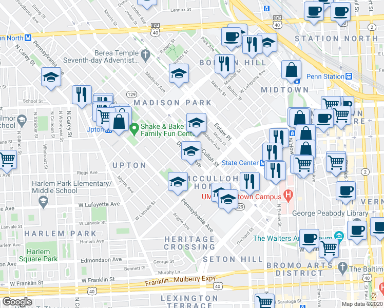 map of restaurants, bars, coffee shops, grocery stores, and more near 1313 Druid Hill Avenue in Baltimore