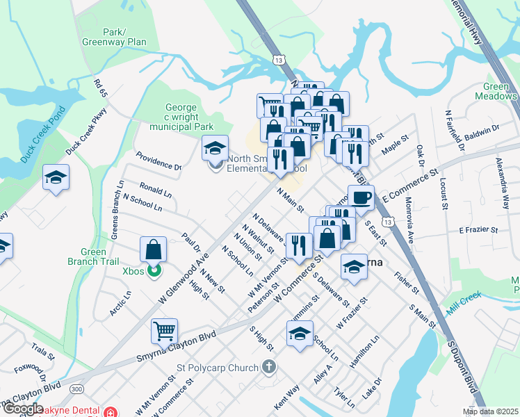 map of restaurants, bars, coffee shops, grocery stores, and more near 17 West Glenwood Avenue in Smyrna